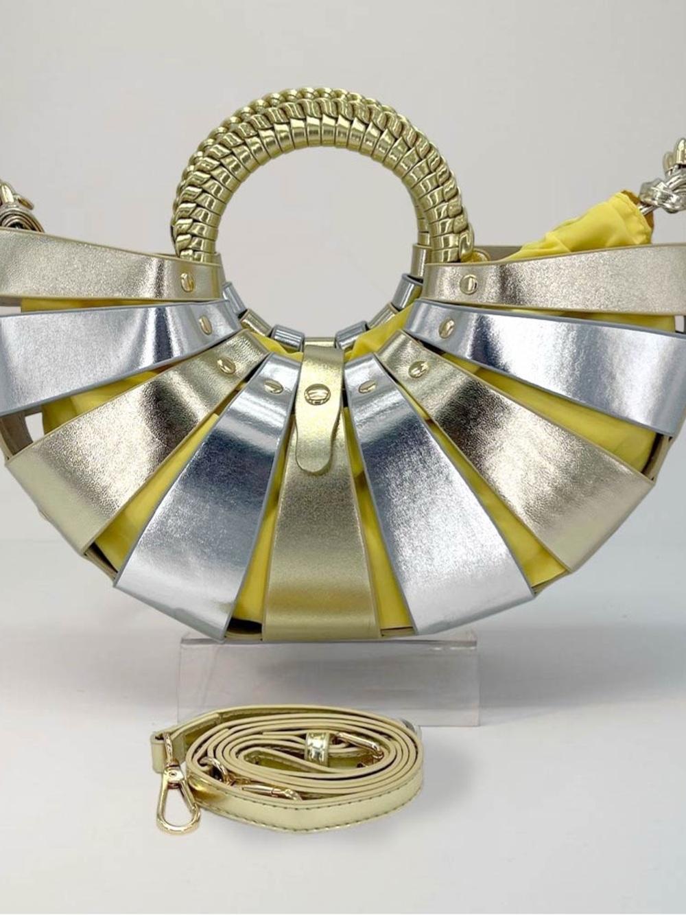 Metallic Silver & Gold Crescent Handle Women’s Bag with Yellow Interior